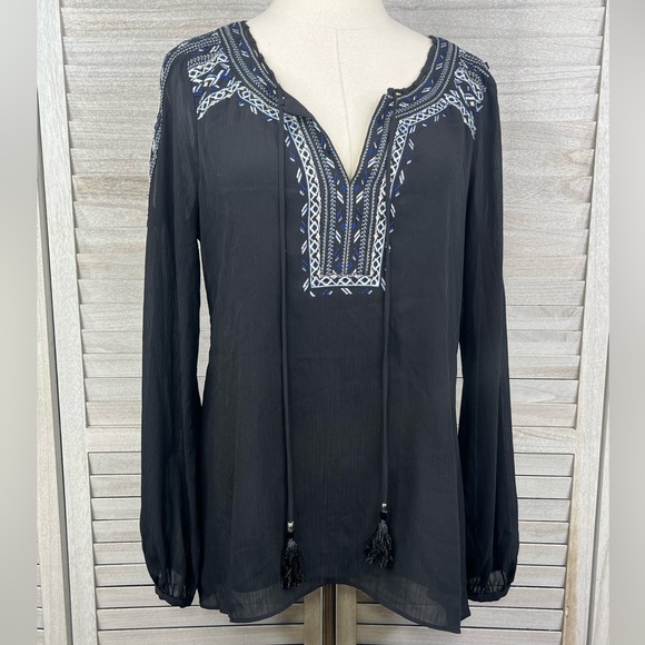 WHITE HOUSE BLACK MARKET Tansy Embroidered Boho Cold Shoulder Blouse Black-10 - Picture 1 of 5
